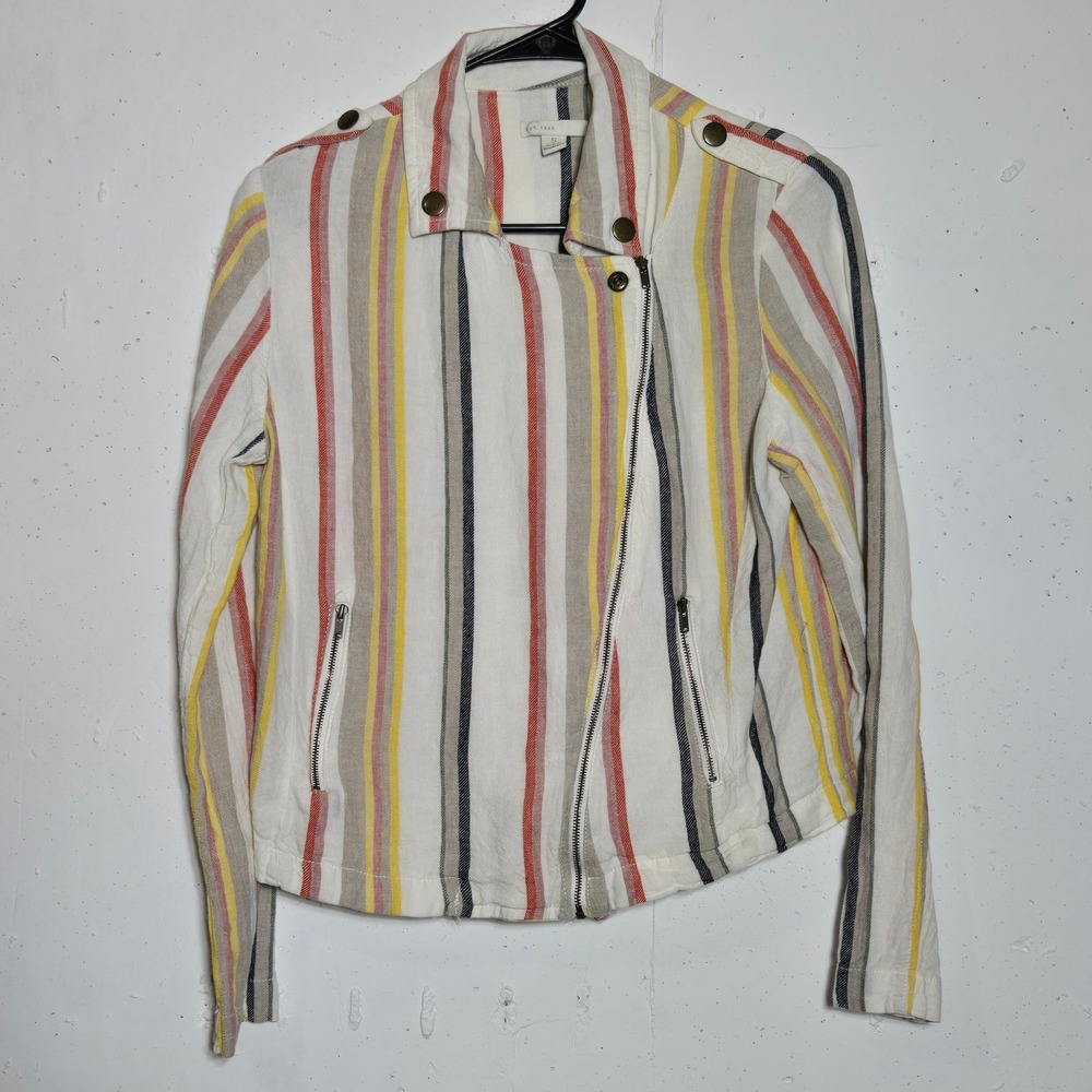 Cato Womens Striped Linen Blend Moto Jacket Small Boho Coastal Preppy Casual